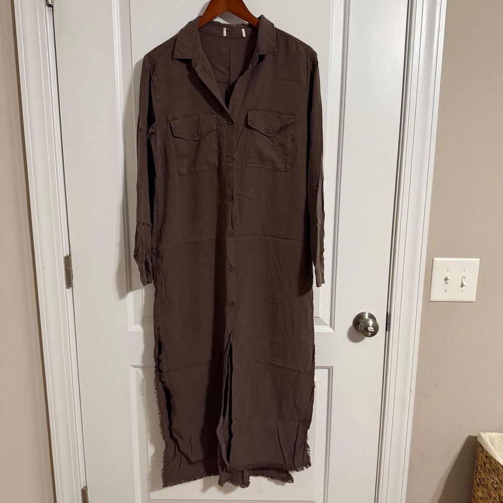 Brown Tencel Lyocell Button Down Shirt Dress Frayed Hem Midi Large C6842-654303